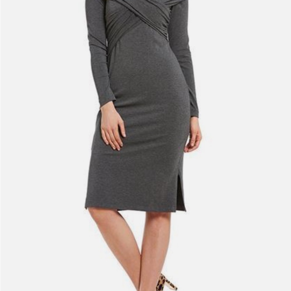 Donna Karan Front Cross Wrap dark heather Gray Dress Size Small